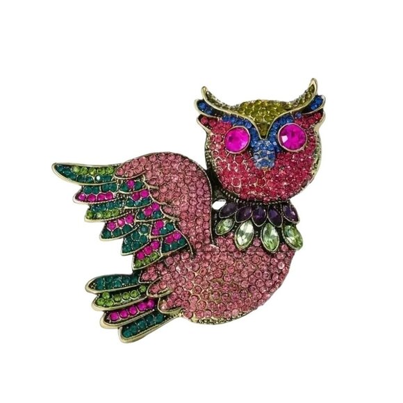 Colorful Pink Owl Brooch Pin With Multicolored Rhinestones - Picture 1 of 2